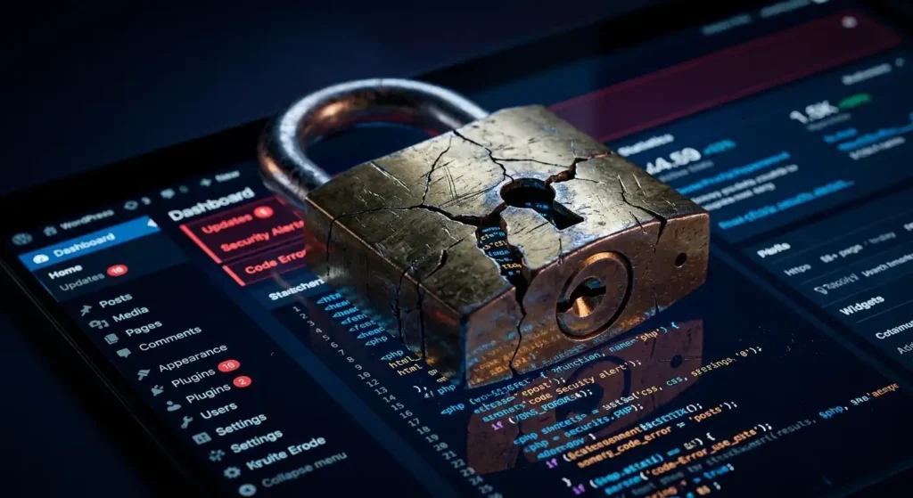 Cracked padlock on a WordPress dashboard representing the Avada Builder security vulnerability affecting page builder sites