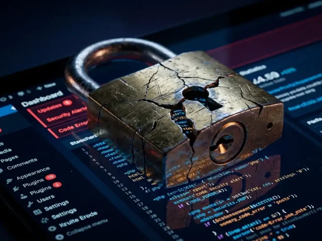 Cracked padlock on a WordPress dashboard representing the Avada Builder security vulnerability affecting page builder sites