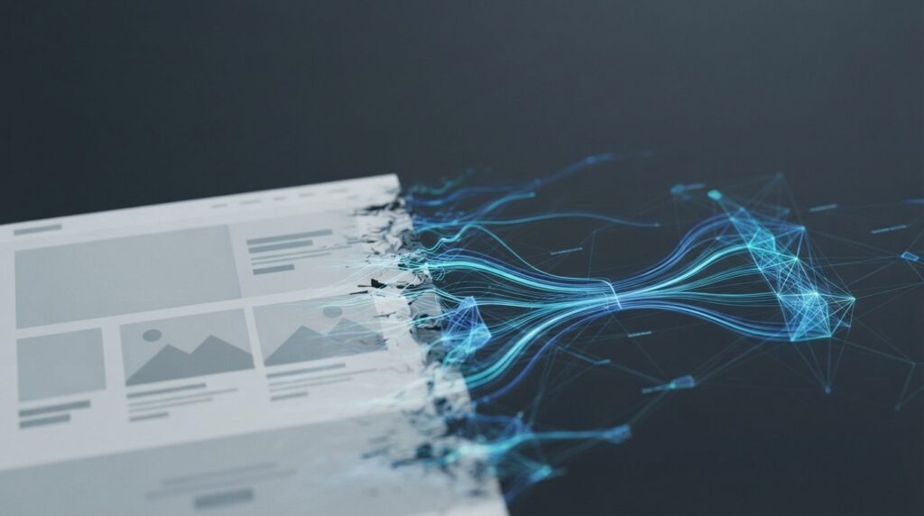 Abstract visualisation of a web page dissolving into structured data nodes, representing a website parsed by an AI search engine