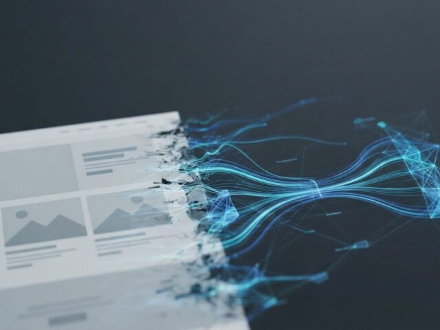 Abstract visualisation of a web page dissolving into structured data nodes, representing a website parsed by an AI search engine