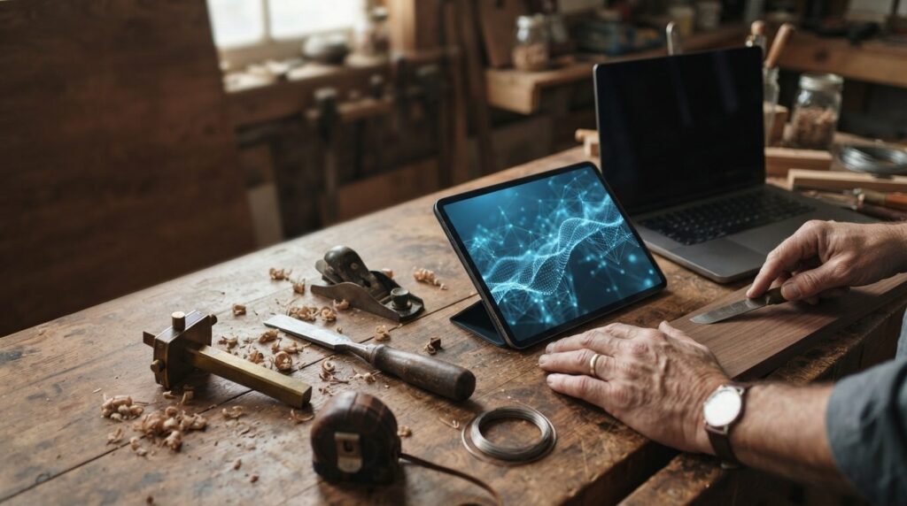 Traditional craftsman hand tools beside a modern laptop and tablet, representing web development experience combined with AI