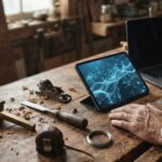 Traditional craftsman hand tools beside a modern laptop and tablet, representing web development experience combined with AI