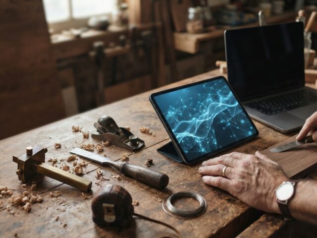 Traditional craftsman hand tools beside a modern laptop and tablet, representing web development experience combined with AI