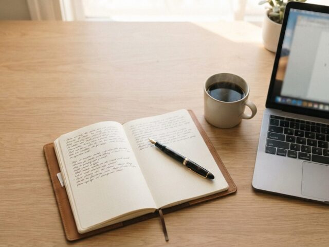 An organised writing desk with an open notebook, pen, coffee and laptop, representing a monthly blogging service