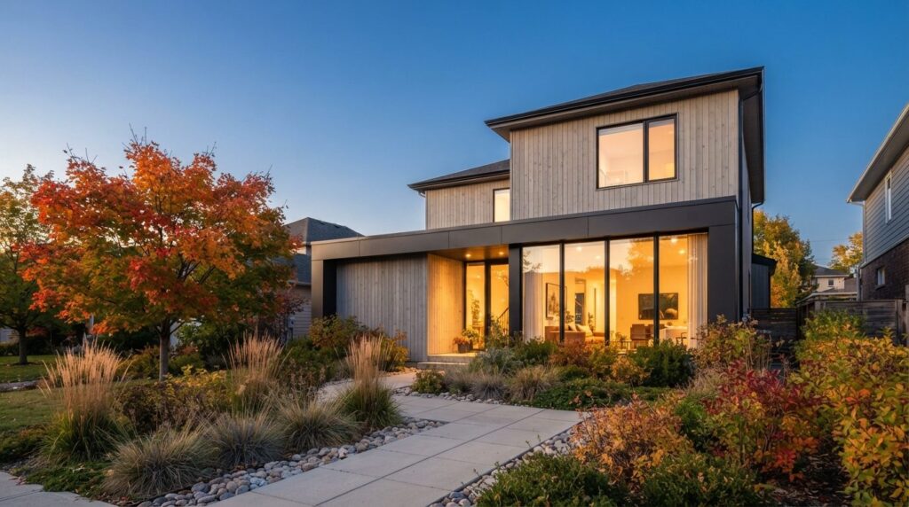 A modern Canadian home exterior lit at golden hour in autumn, representing an approved Ontario mortgage