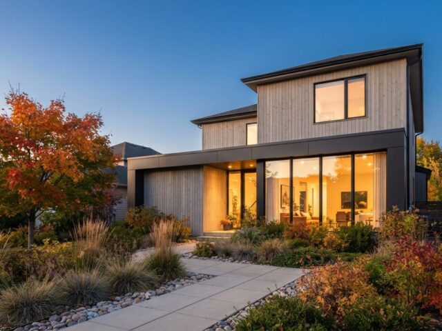 A modern Canadian home exterior lit at golden hour in autumn, representing an approved Ontario mortgage