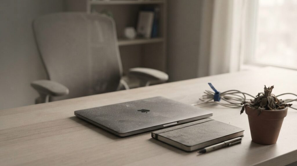 A quiet office desk with a dust-covered closed laptop and a dead plant, representing a neglected and outdated website