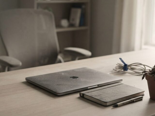 A quiet office desk with a dust-covered closed laptop and a dead plant, representing a neglected and outdated website