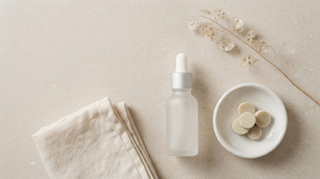 Flat-lay of minimalist unbranded skincare products on a neutral stone surface, representing a curated beauty Shopify store