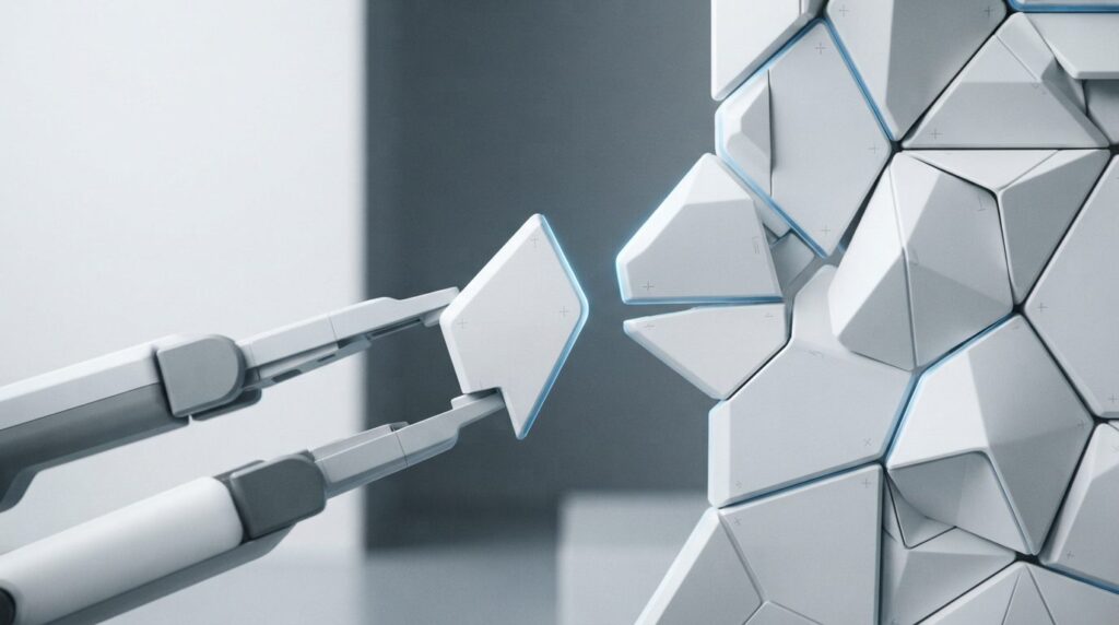 Modular geometric components assembling into a larger structure, representing automated WordPress theme development