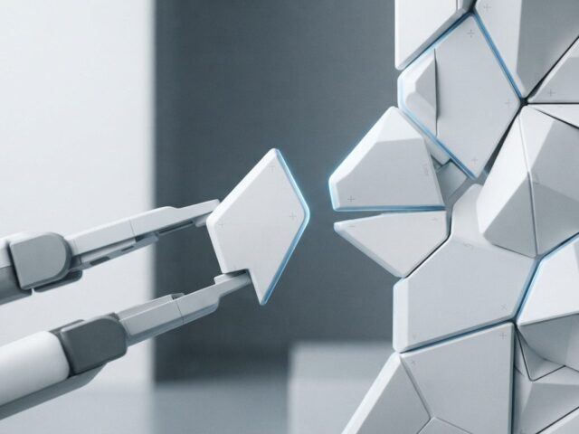 Modular geometric components assembling into a larger structure, representing automated WordPress theme development