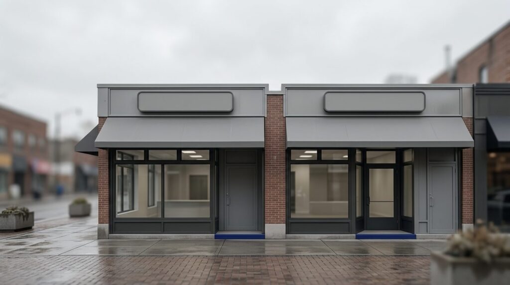 Two identical unbranded storefronts side by side, representing template websites that look interchangeable